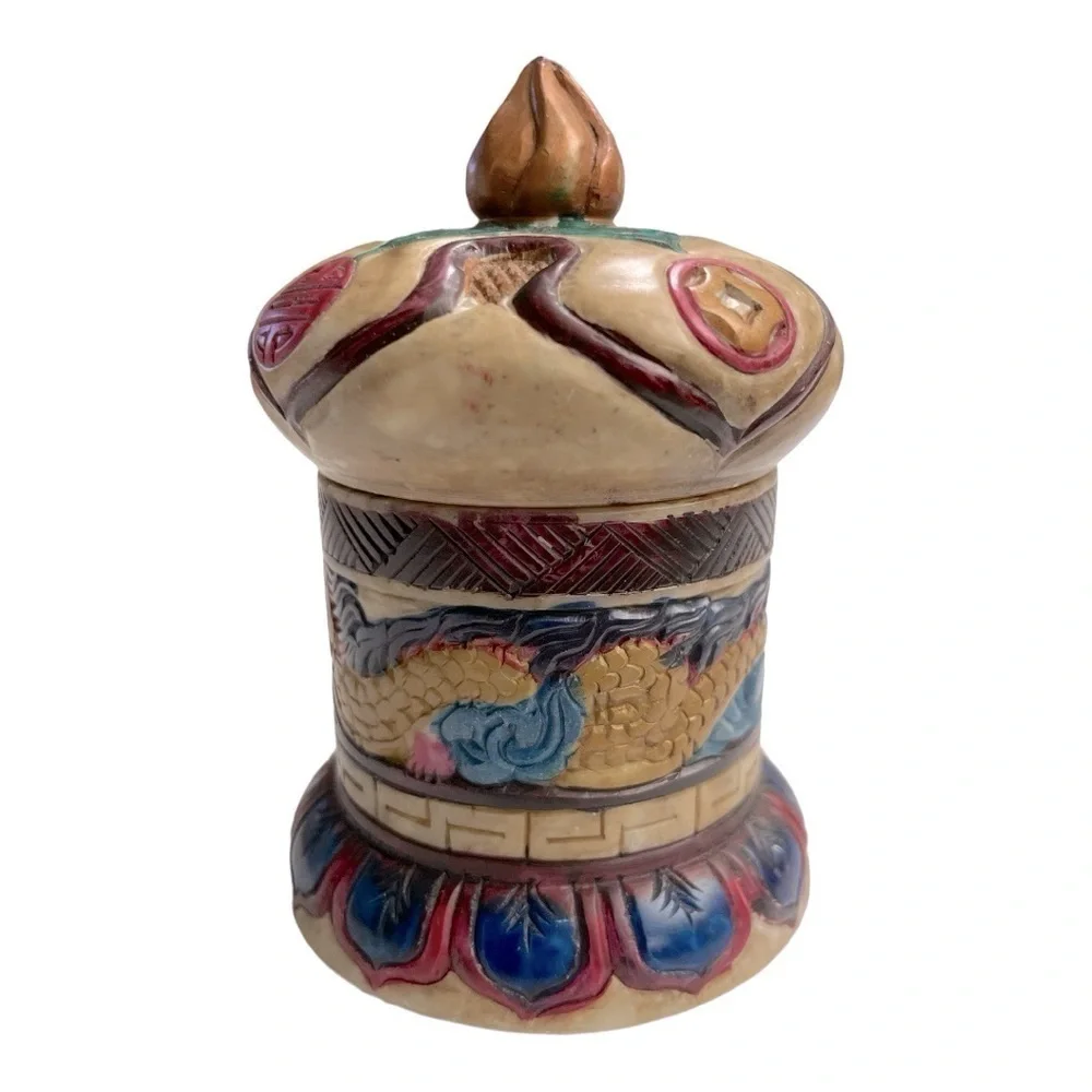 Vintage Chinese Dragon Stone Trinket Box Hand Painted Lidded Jewelry Container